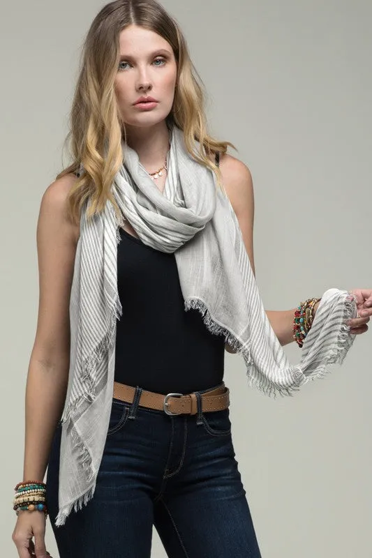 Blue Slender stripe oblong lightweight frayed fringe scarf