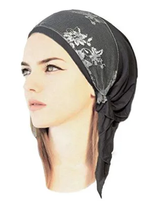 Boho Chic Artisan Head-scarf Tichel Embellished with Wide Floral Lace (Gray grey lace - 341)