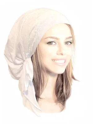 Boho Chic White Head-scarf Tichel Embellished with Wide Fancy Floral Lace Rose Buttons (White fancy lace - 184)