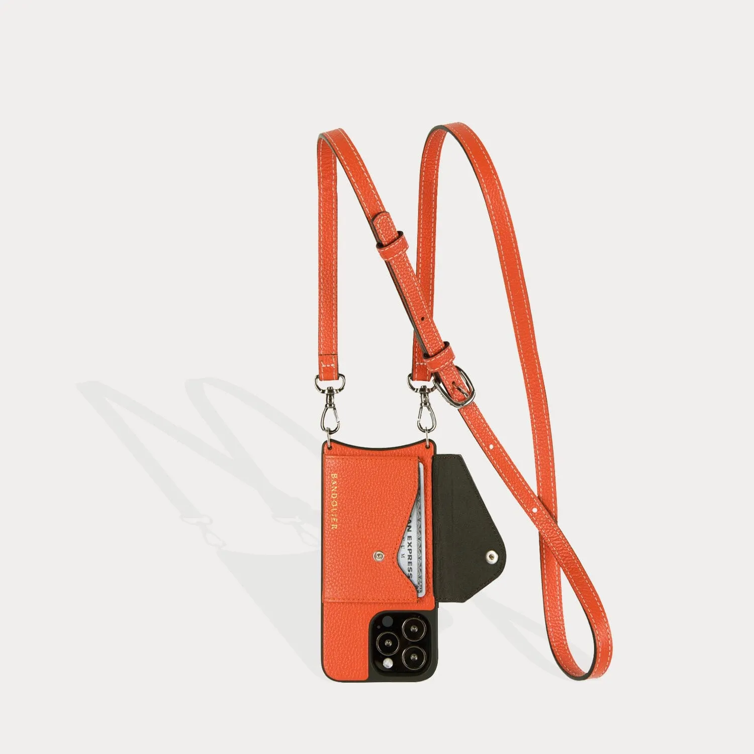 Casey Side Slot Pebble Leather Crossbody Bandolier - Orange/Silver