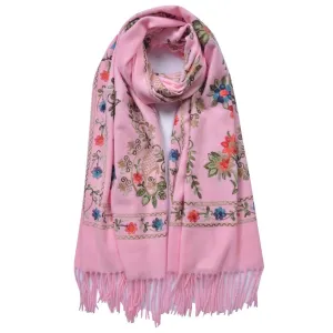 Cashmere Blend Embroidery Floral Pattern Scarf - Pink