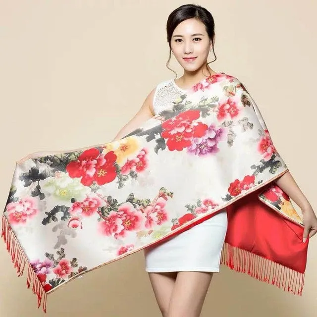 Chinese Style Flower Autumn Shawl Silk Cashmere Muffler Traditional  Fashion