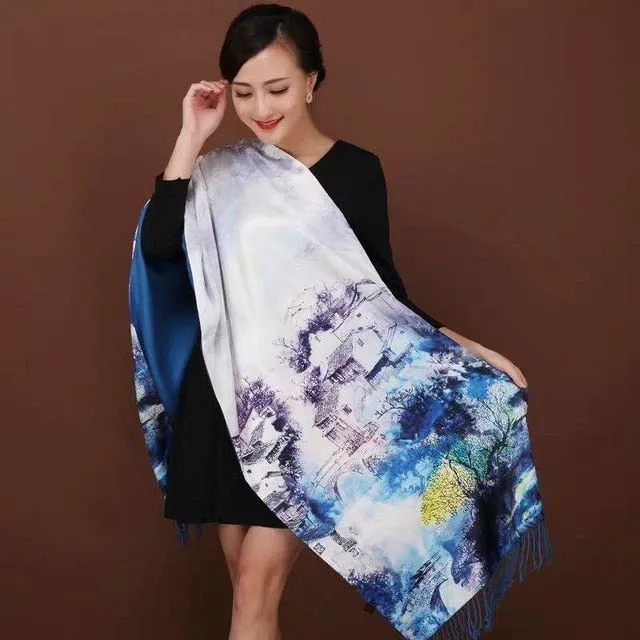 Chinese Style Flower Autumn Shawl Silk Cashmere Muffler Traditional  Fashion