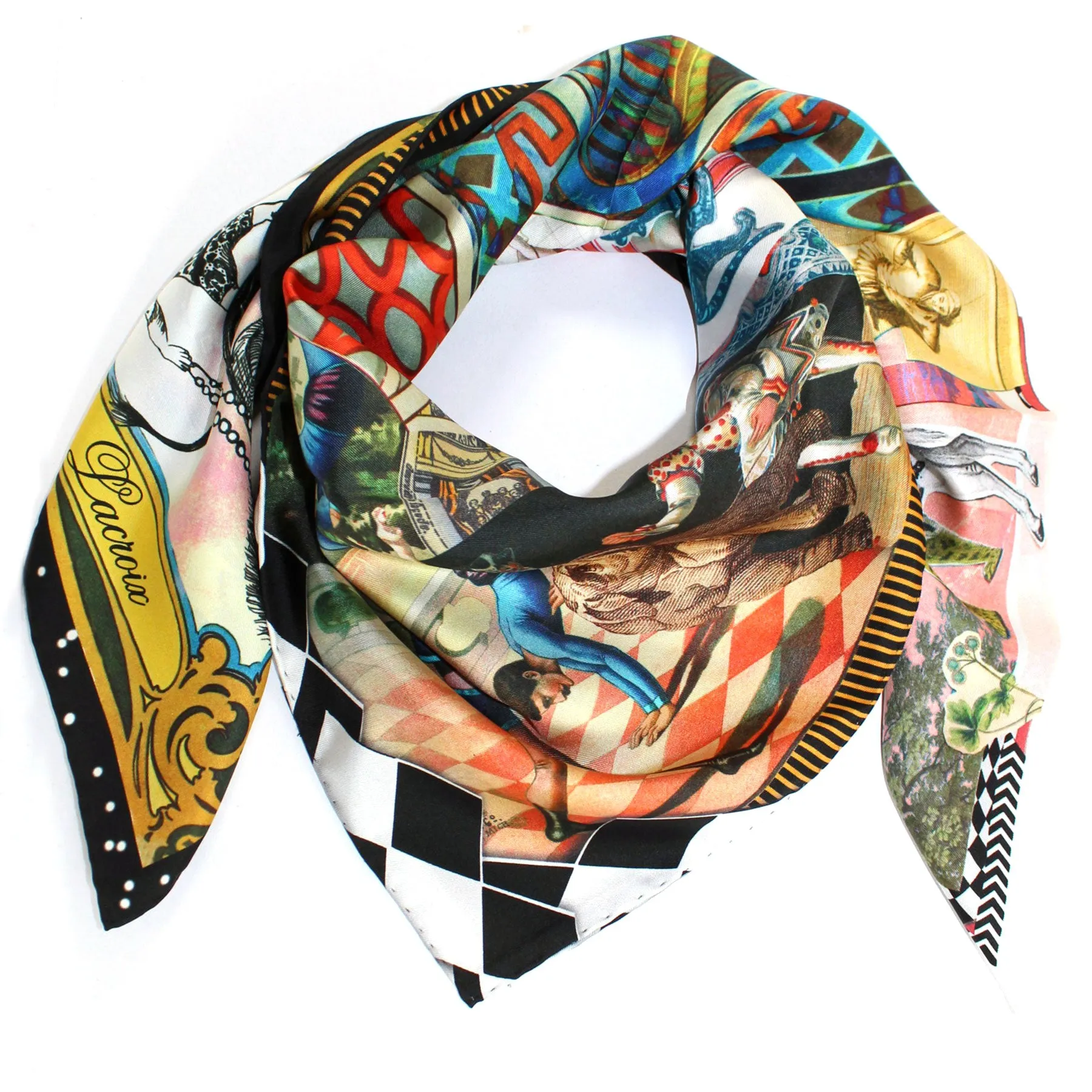 Christian Lacroix Scarf Black Gold Blue Circus Design - Silk Square Foulard SALE