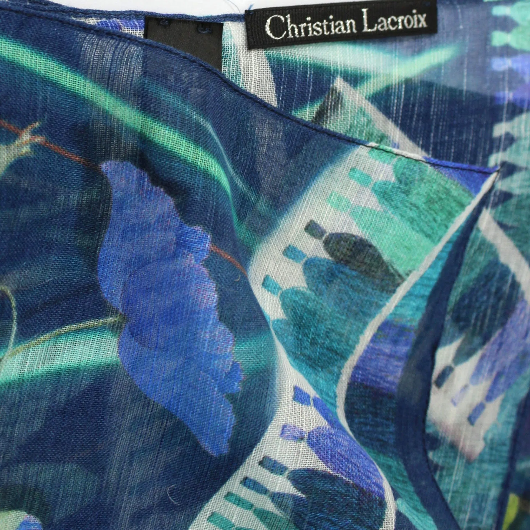 Christian Lacroix Scarf Blue Green Floral Design - Modal Linen Silk FINAL SALE