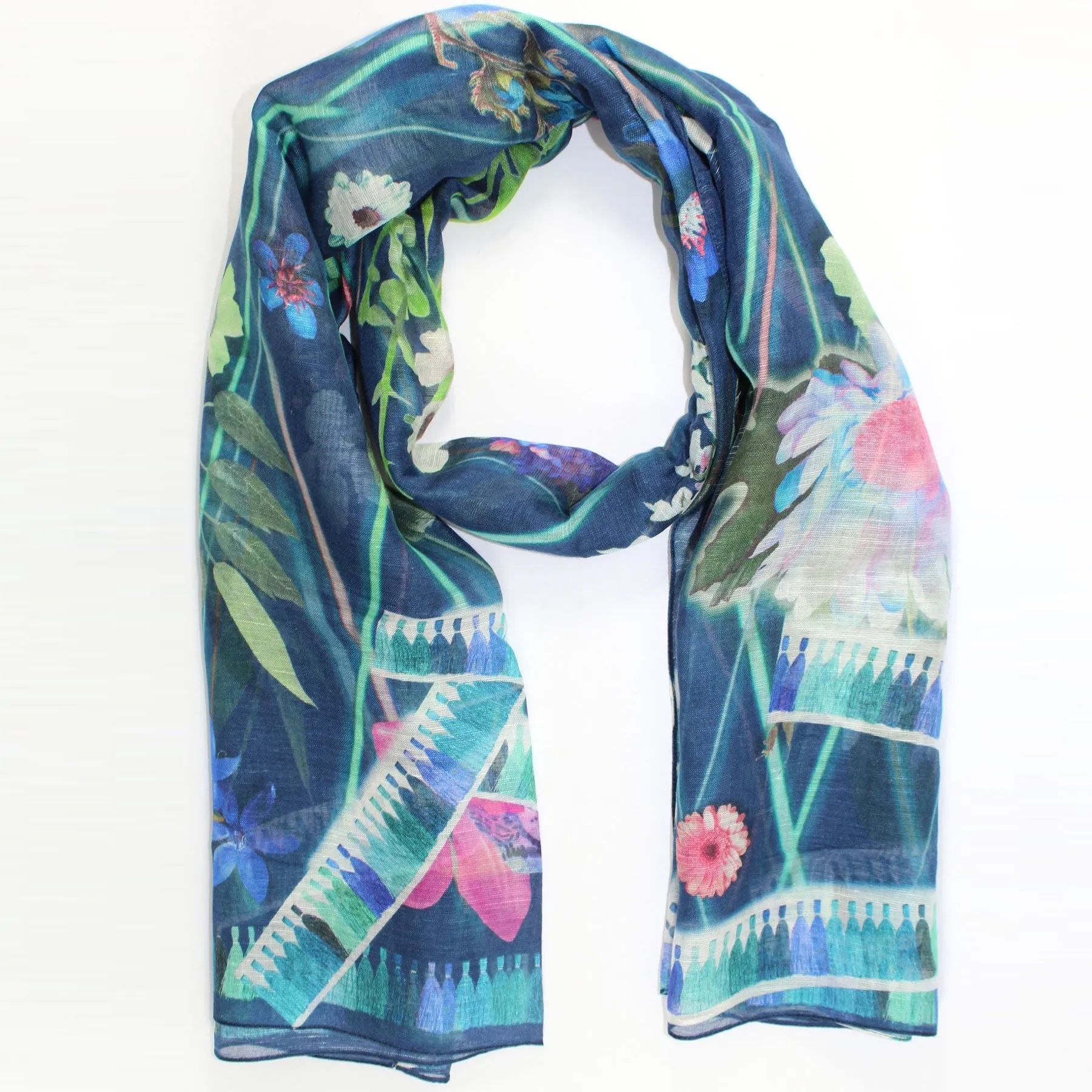 Christian Lacroix Scarf Blue Green Floral Design - Modal Linen Silk FINAL SALE