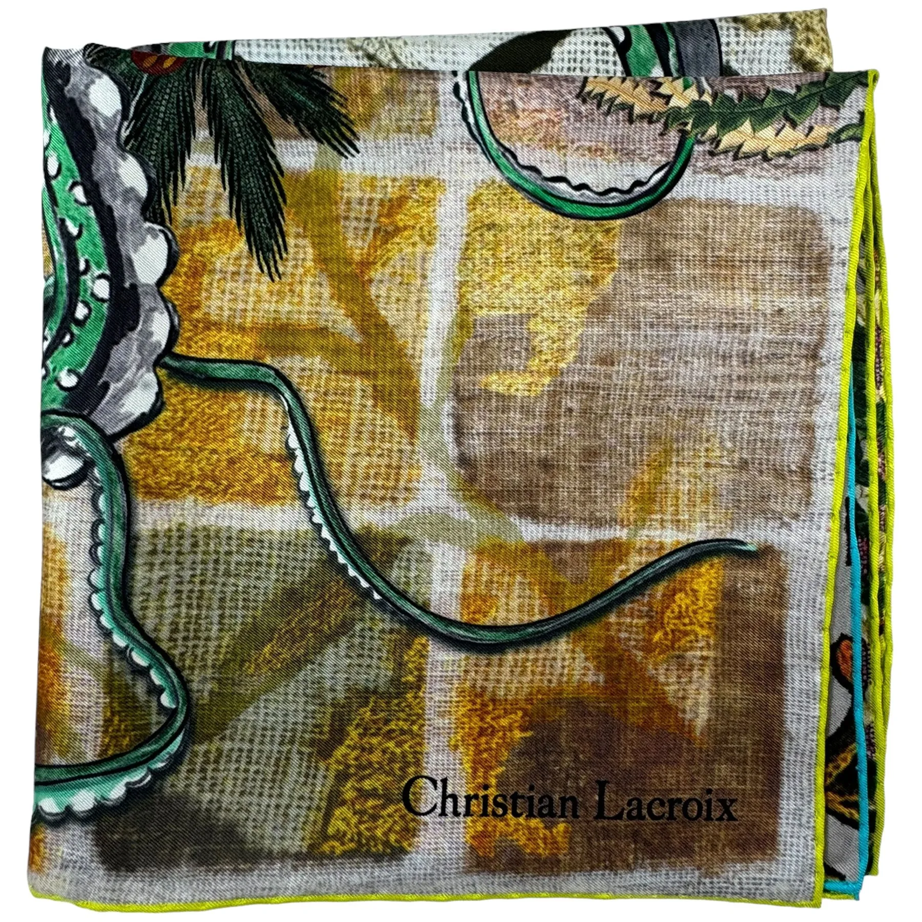 Christian Lacroix Scarf Brown Green Aqua Design - Square Twill Silk Scarf