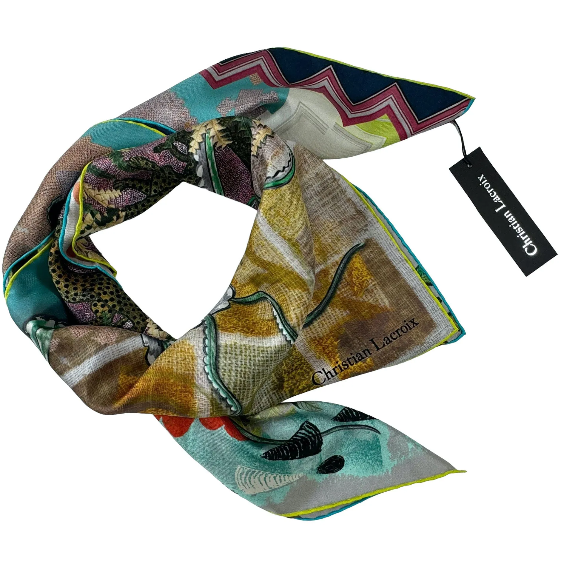 Christian Lacroix Scarf Brown Green Aqua Design - Square Twill Silk Scarf