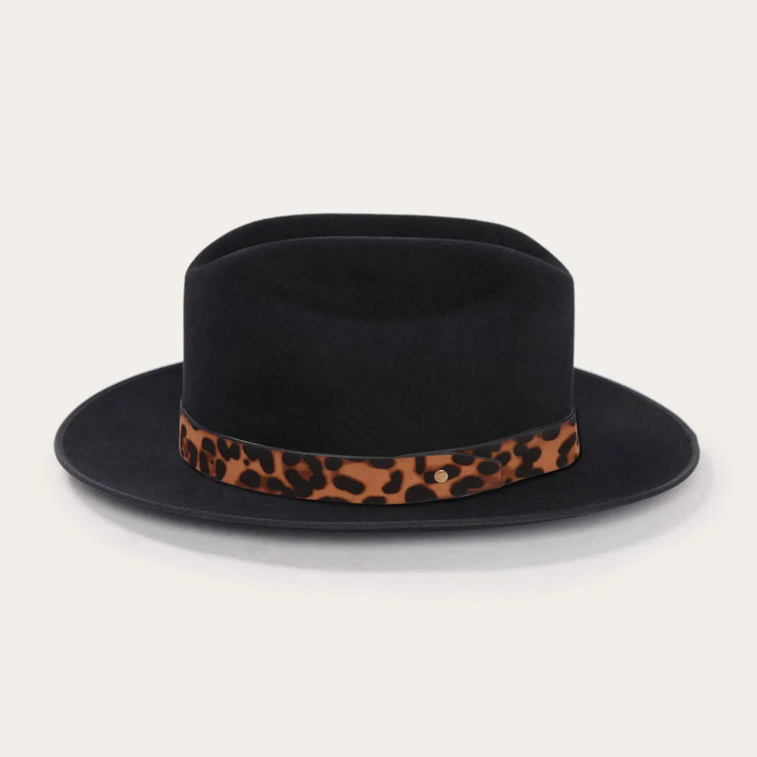 Classic Black Felt Fedora with Chic Leopard Print Ribbon