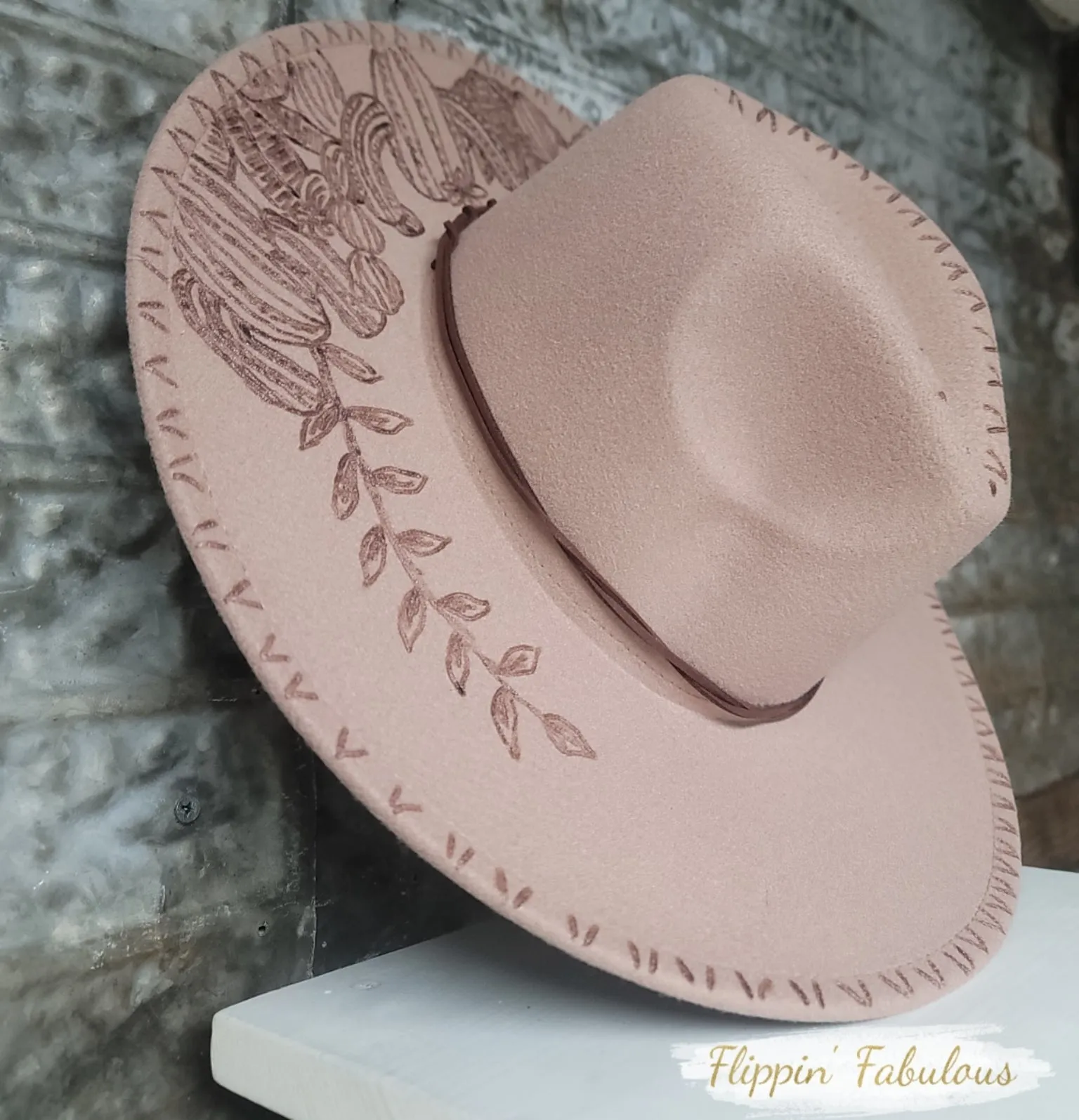 Claudia Hand Burned Wide Brim Hat