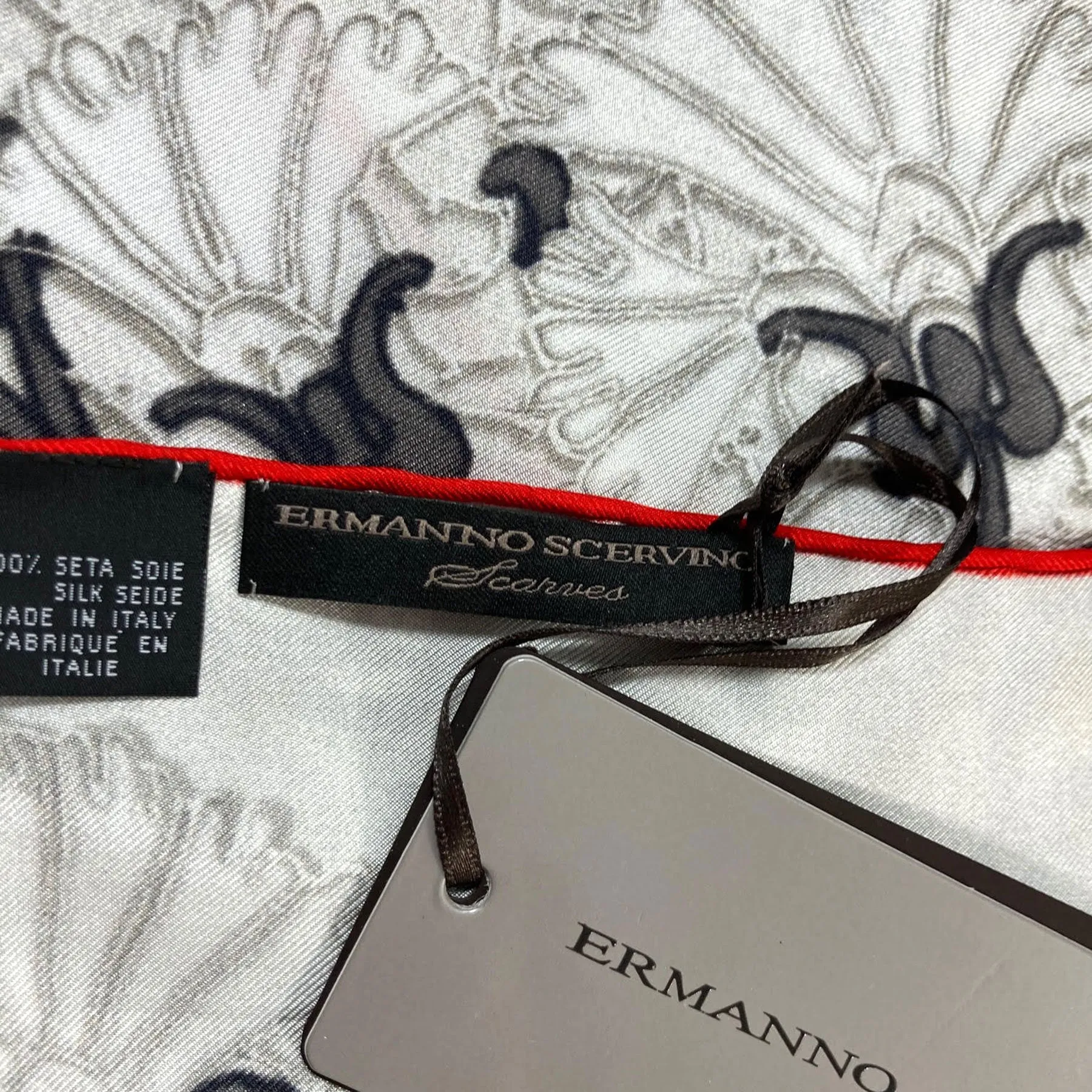 Ermanno Scervino Scarf Light Gray Black Red Floral - 27" Square Twill Silk Scarf SALE