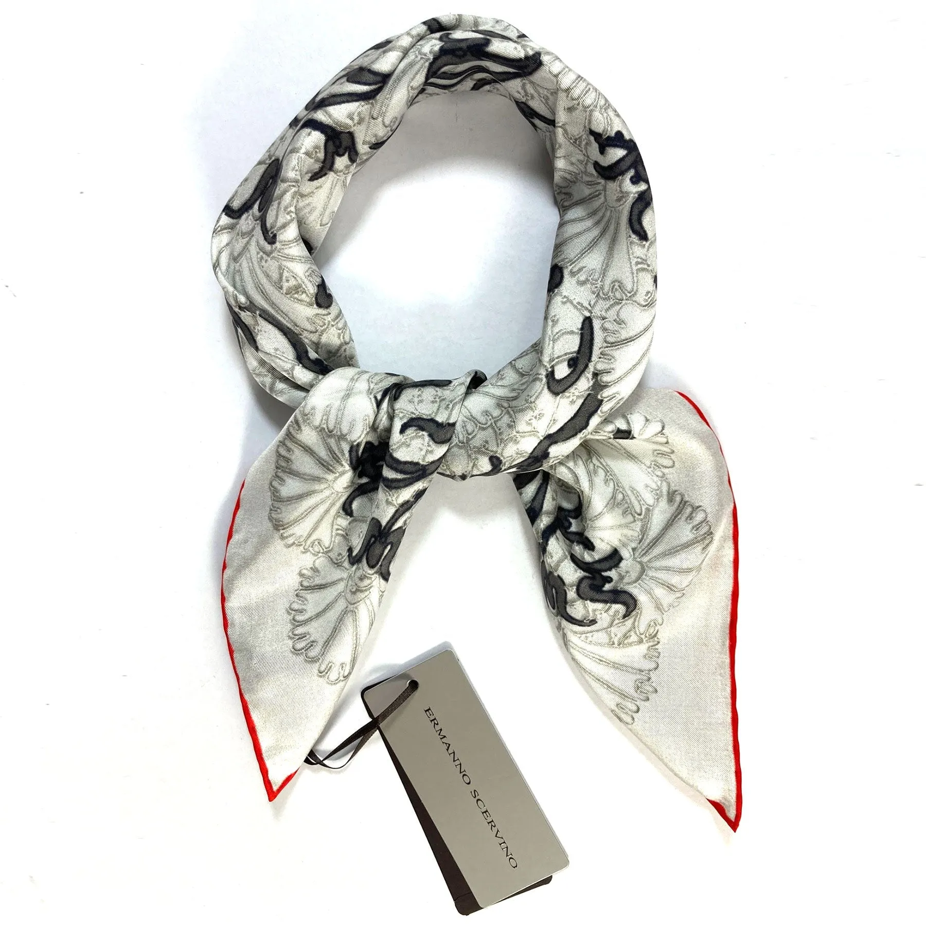 Ermanno Scervino Scarf Light Gray Black Red Floral - 27" Square Twill Silk Scarf SALE