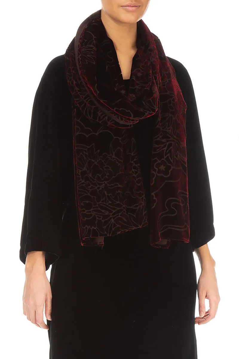 Floral Devoré Burgundy Silk Velvet Scarf