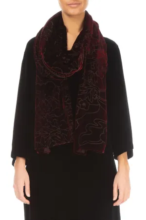 Floral Devoré Burgundy Silk Velvet Scarf