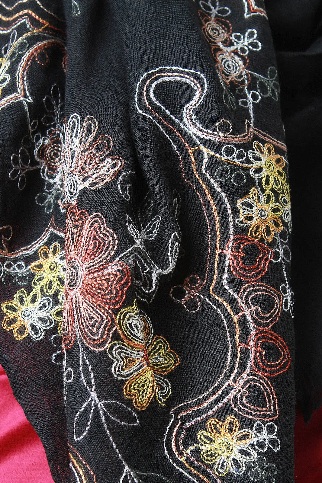 Floral Embroidered Frayed Scarf