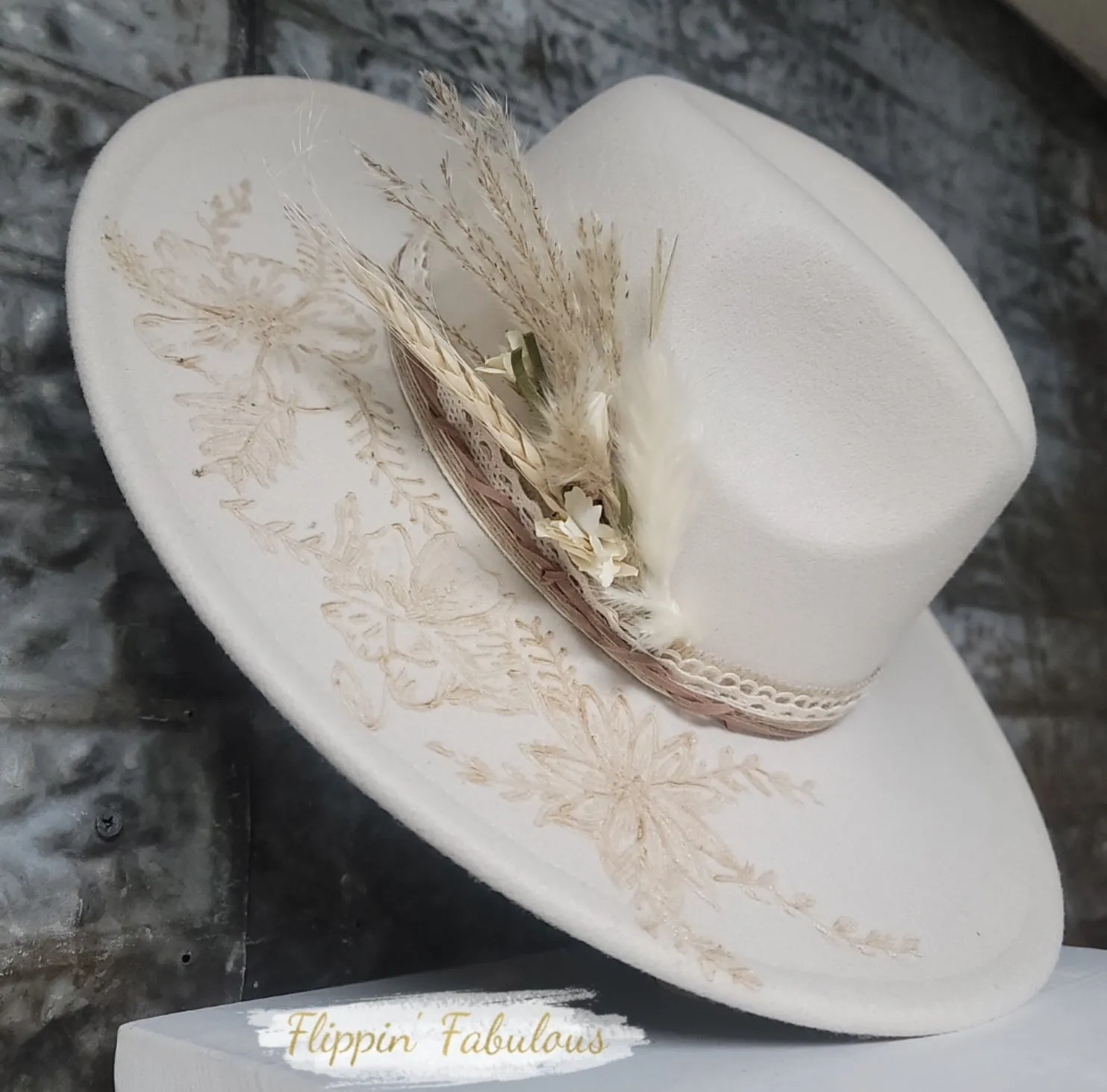 Hailey Hand Burned Wide Brim Ivory Hat