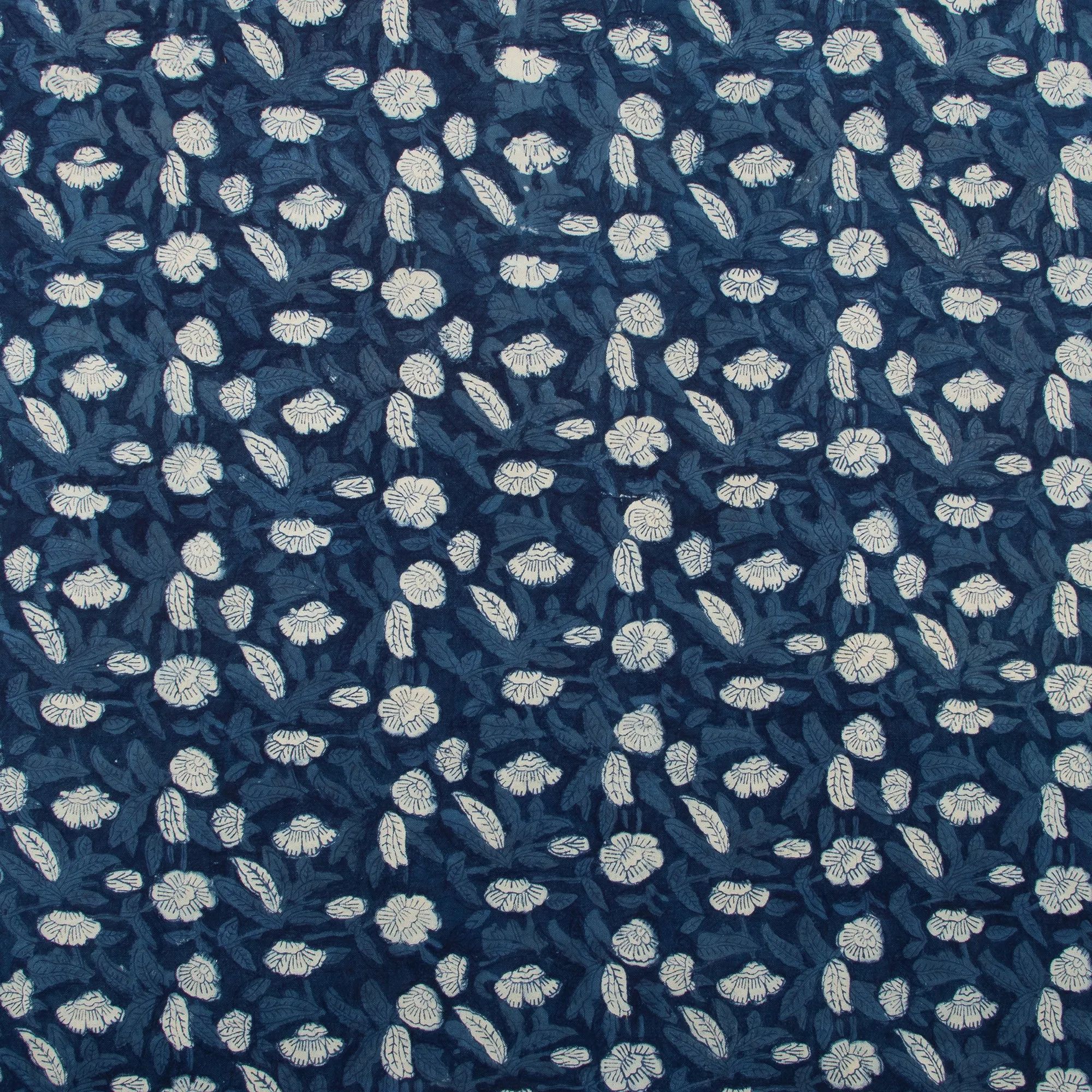 Hand Block Floral Printed Indigo Cotton Canvas Fabric For Bags