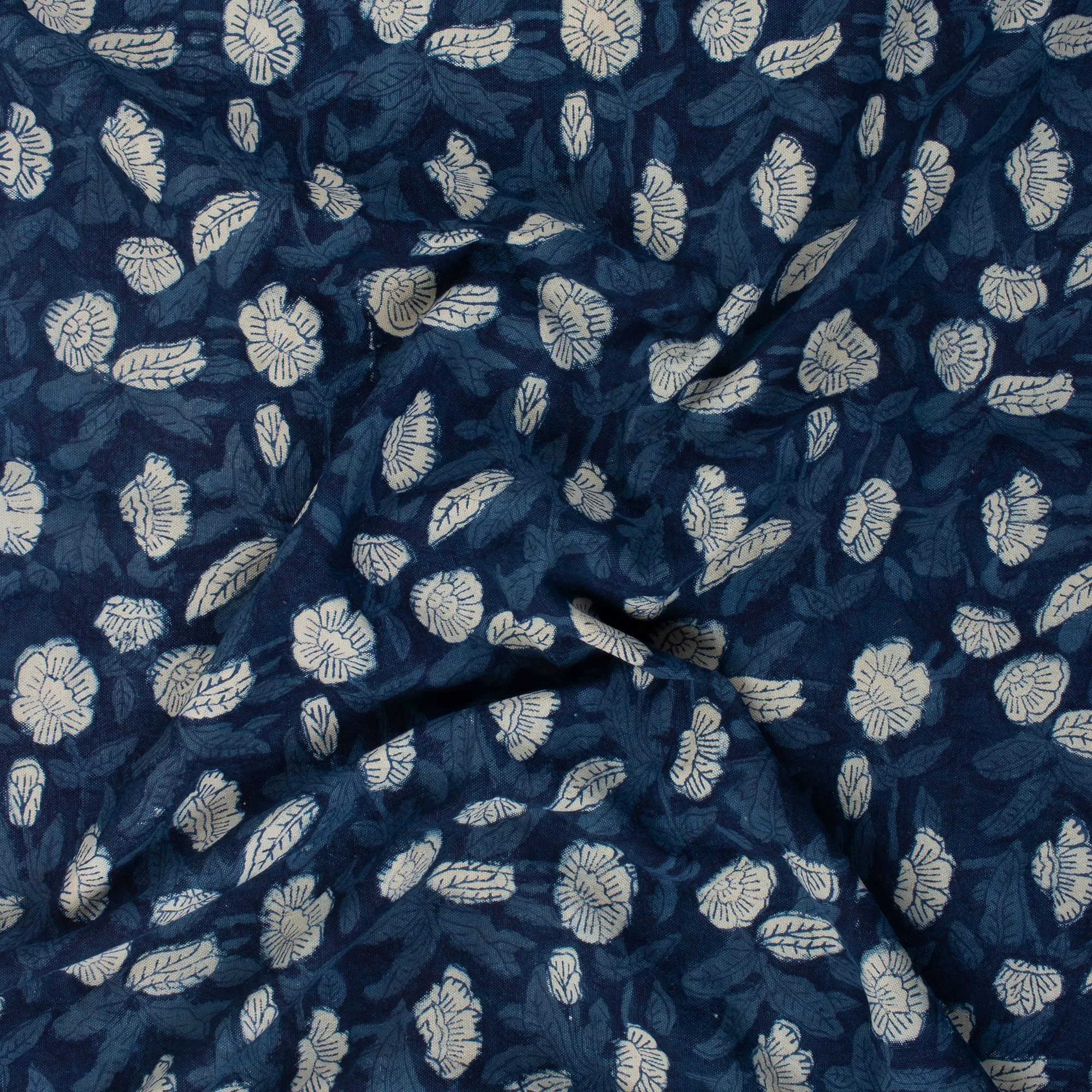 Hand Block Floral Printed Indigo Cotton Canvas Fabric For Bags