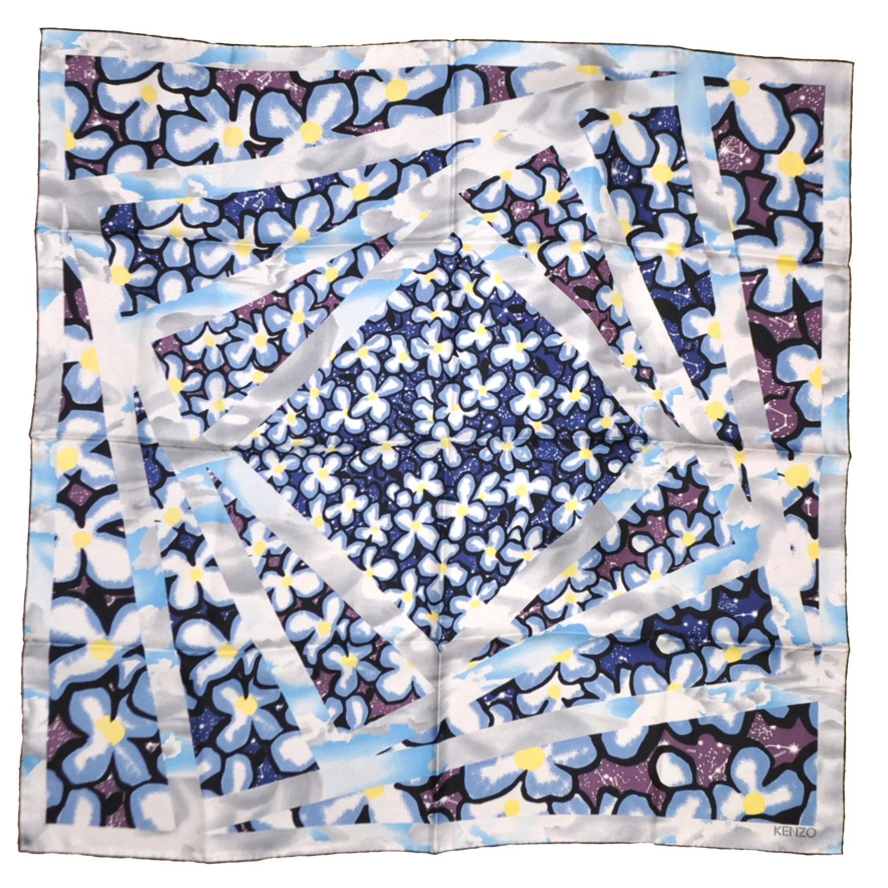 Kenzo Scarf Midnight Blue Floral Horoscope Print Silk Large Square Scarf SALE