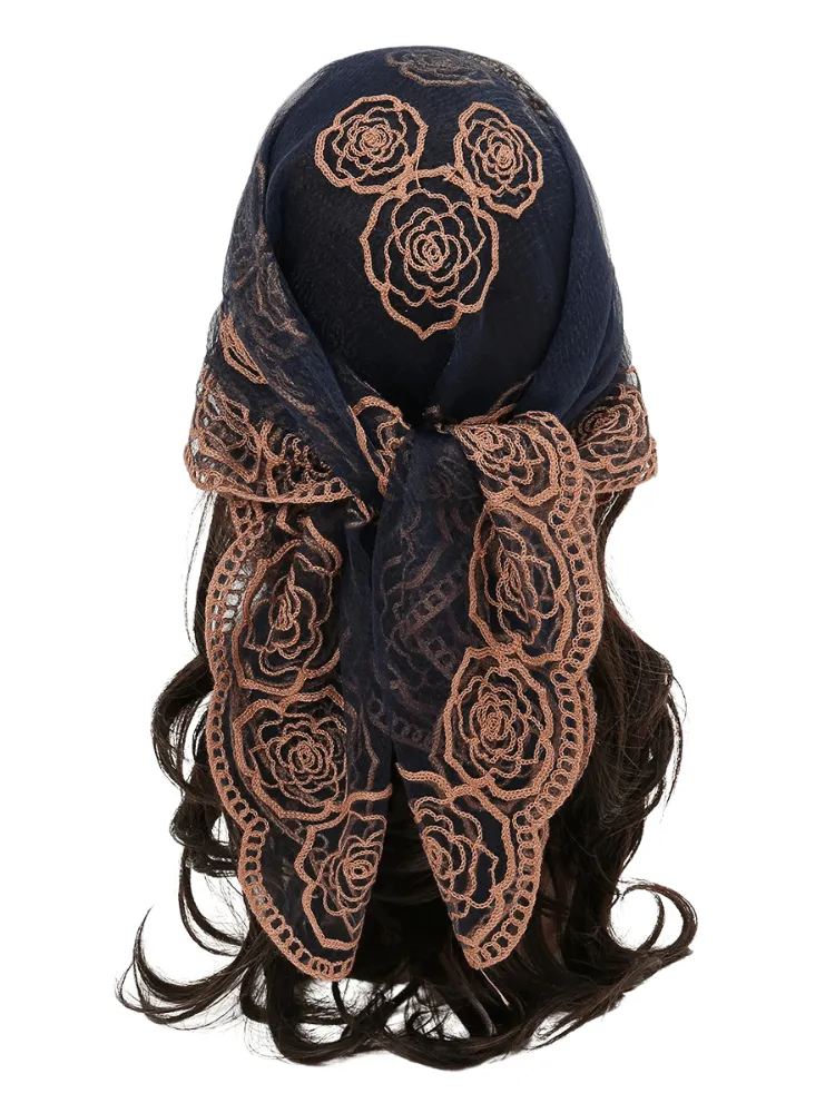 Lace Square Bandana Scarves Style Rock Embroidery Floral Headband Net See Through Headscarf