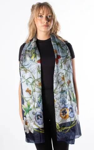 Navy Border Floral Silk Scarf