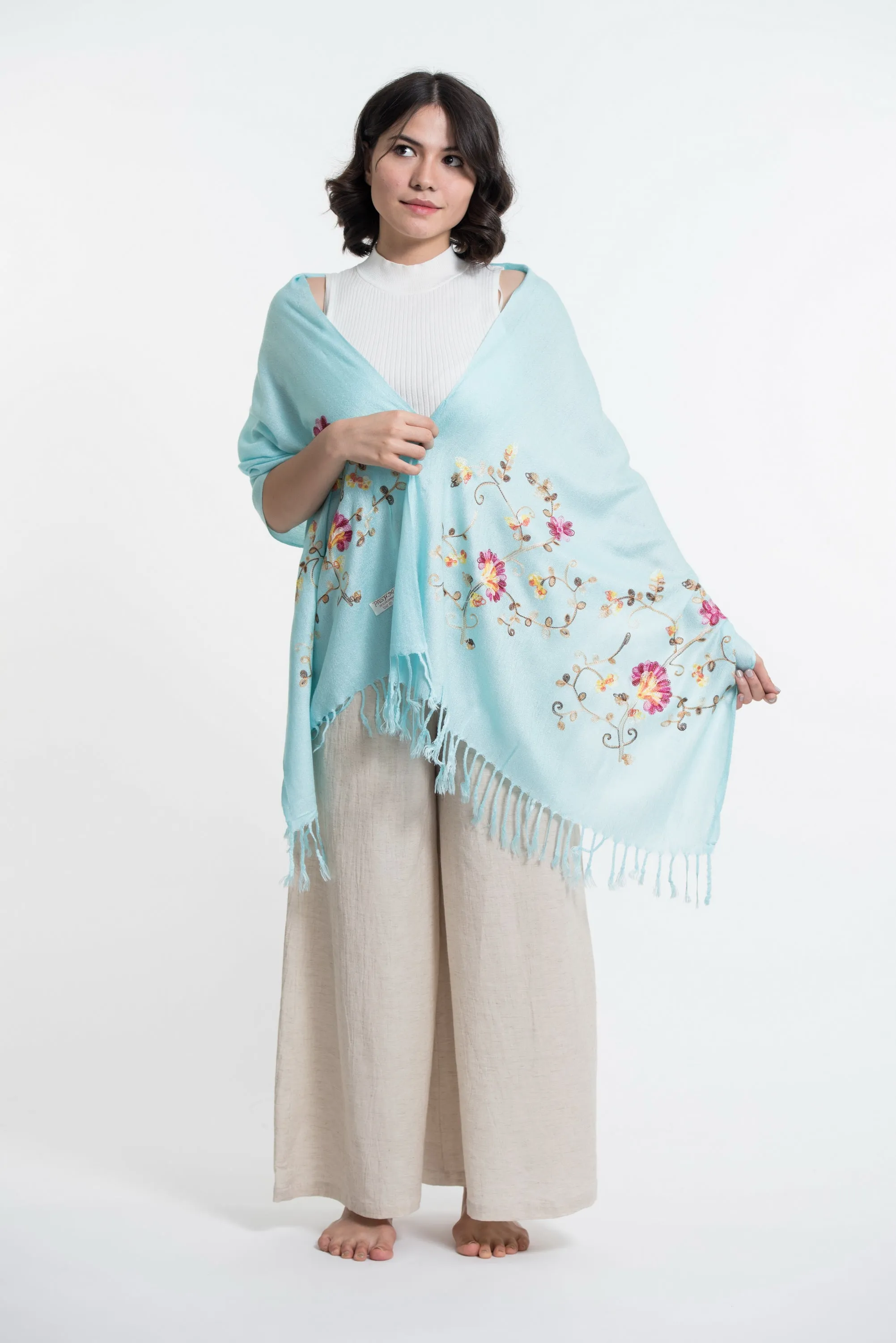 Nepal Floral Embroidered Pashmina Shawl Scarf in Blue