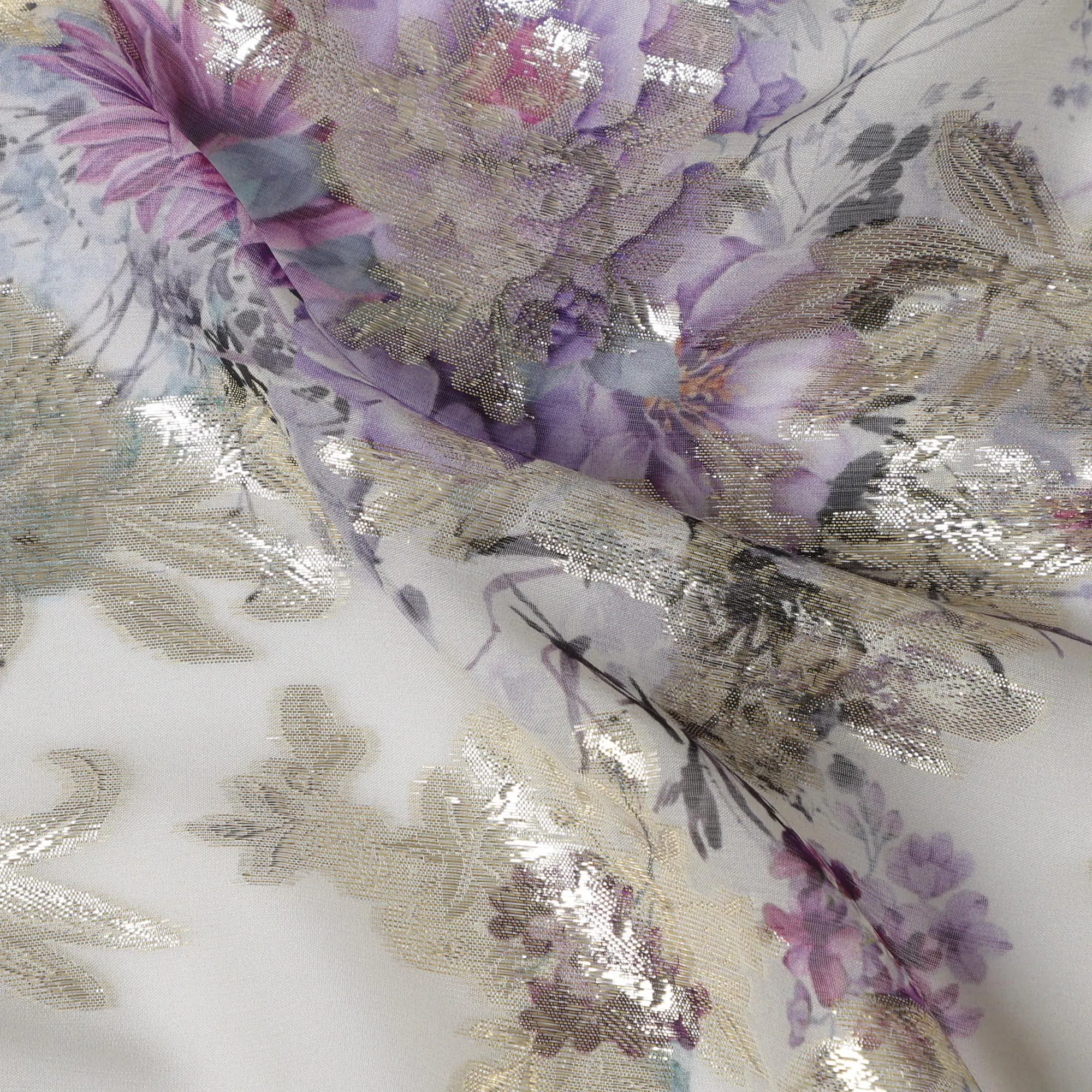 Off-White Floral Silk Chiffon Fabric with Metallic Lurex, Width 140 cm, South Korea-D21268