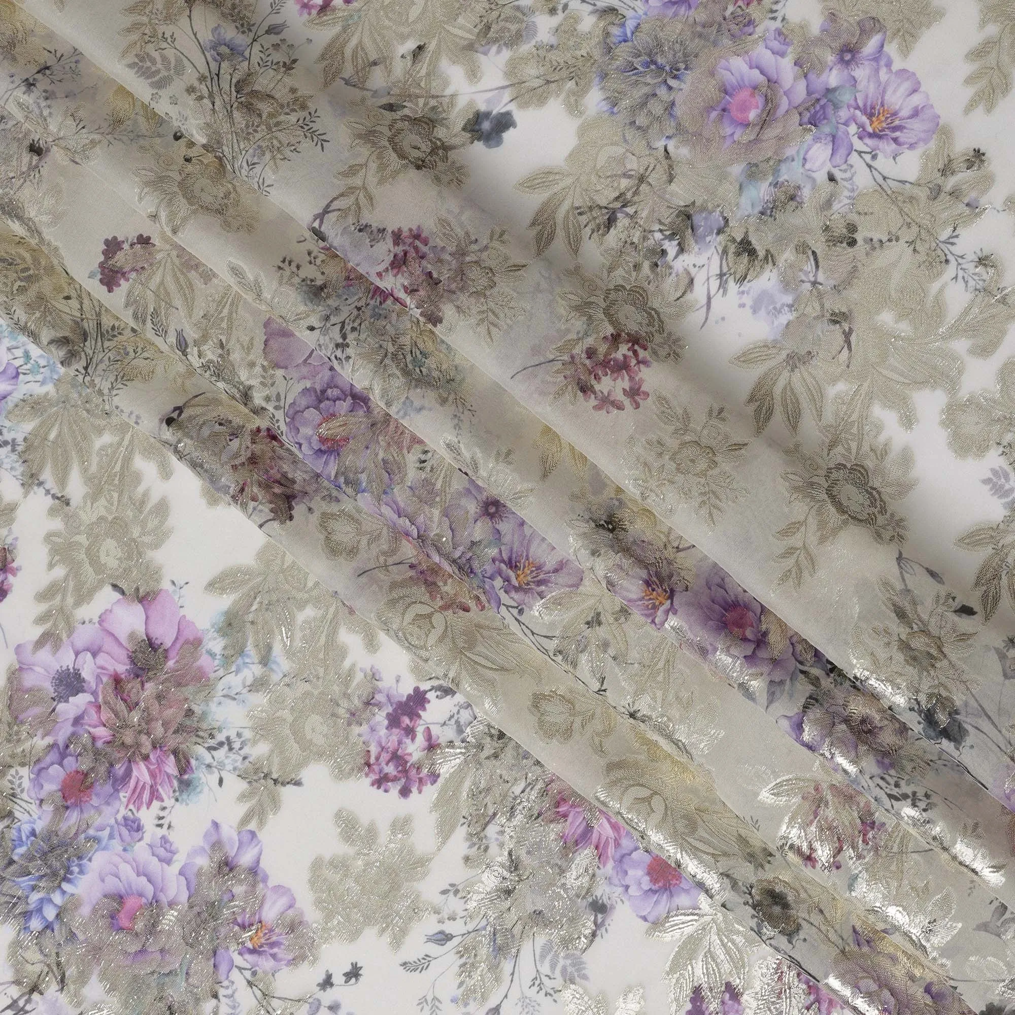 Off-White Floral Silk Chiffon Fabric with Metallic Lurex, Width 140 cm, South Korea-D21268