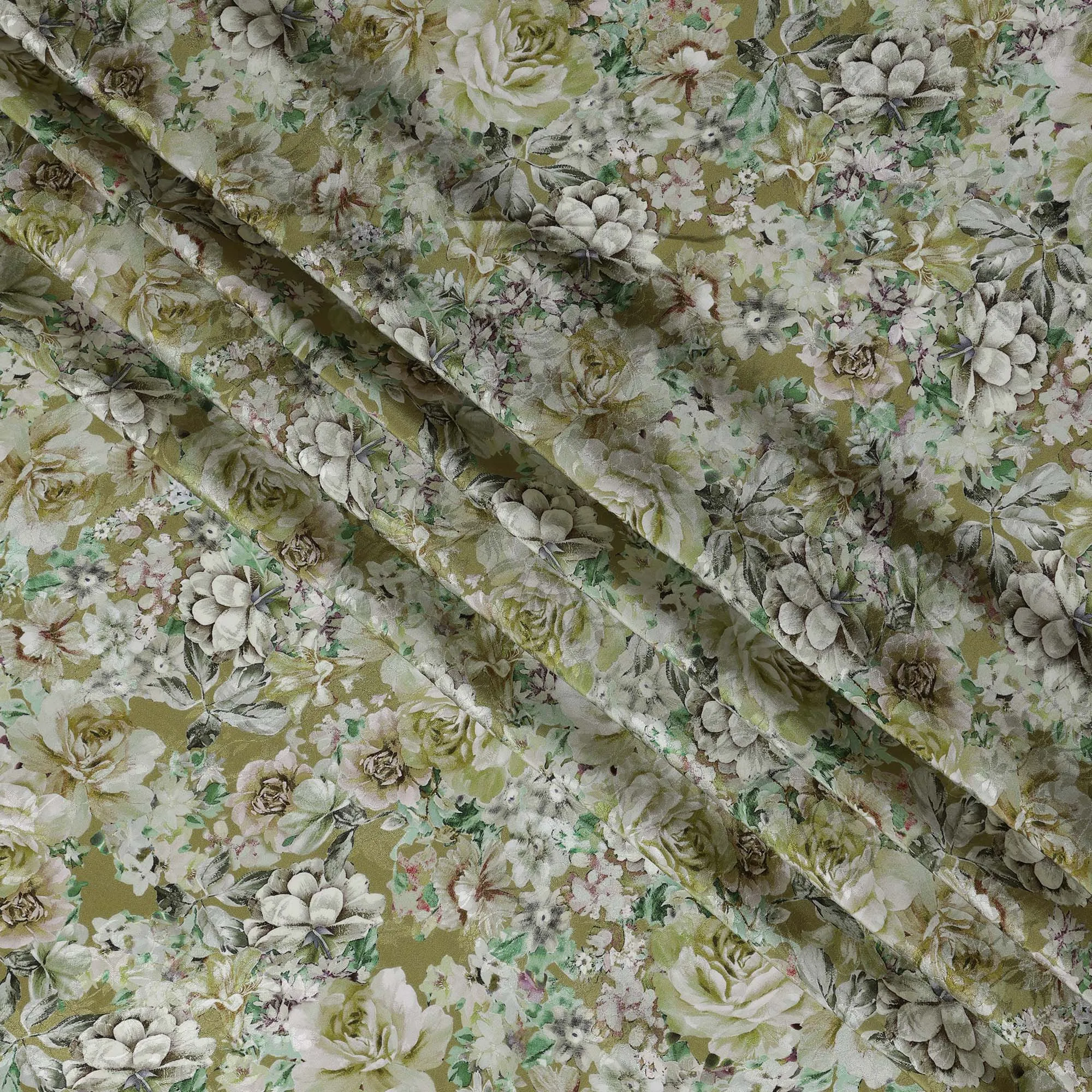 Olive Green Indian Viscose Modal Satin Fabric, Vintage Floral Print, 110 cm Width-D20932