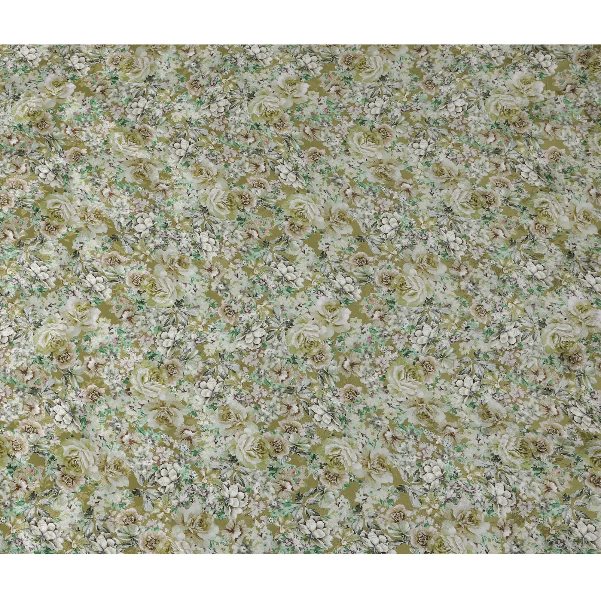 Olive Green Indian Viscose Modal Satin Fabric, Vintage Floral Print, 110 cm Width-D20932