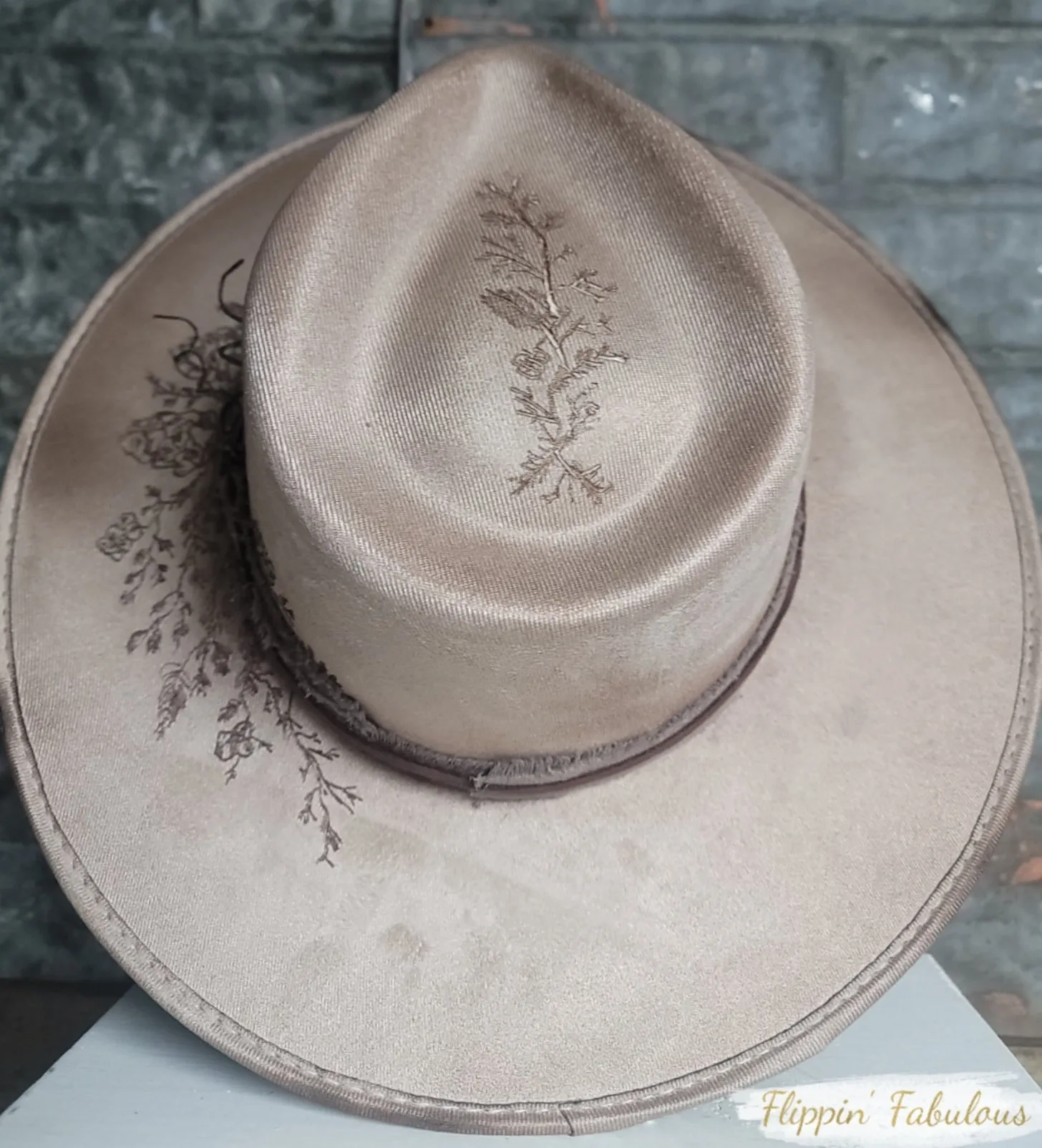 Pinecone Suede Hand Burned Wide Brim Hat- Multiple Colors Available