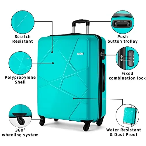 Safari Pentagon 3 Pc Set 55, 65 & 75 cms- Small, Medium & Large Polypropylene (PP) Hard Sided 4 Wheels 360 Degree Rotation Luggage Set/Suitcase Set/Trolley Bag Set (Cyan Blue)