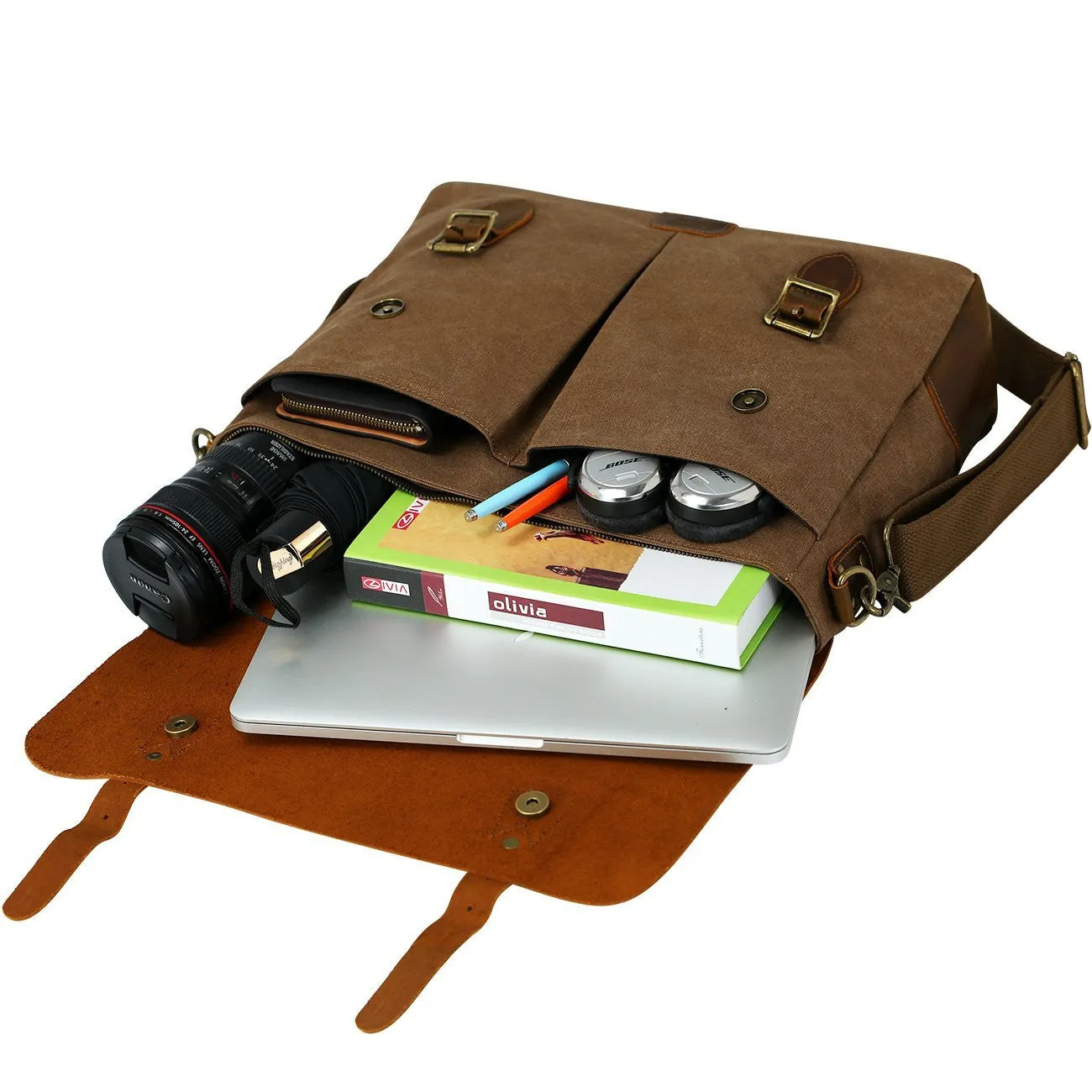 Satchel Messenger Bag for men Vintage Real Leather Canvas 15.6-inch Laptop messenger bag/ Briefcase