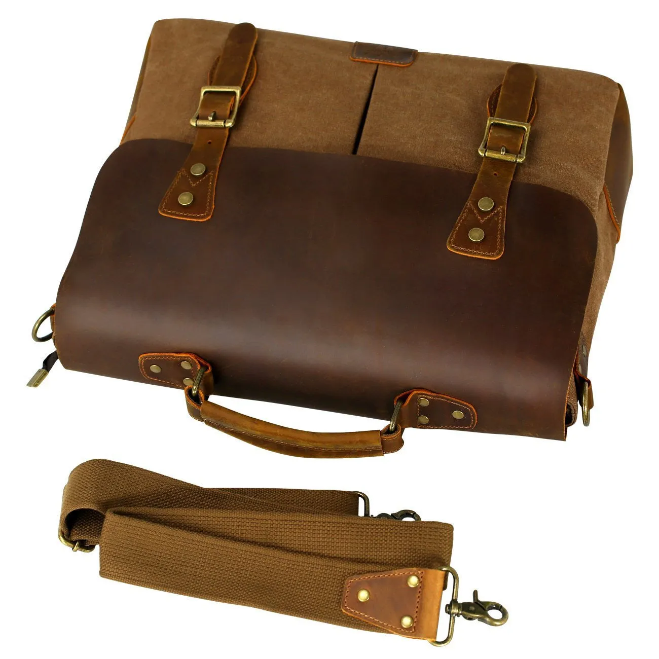 Satchel Messenger Bag for men Vintage Real Leather Canvas 15.6-inch Laptop messenger bag/ Briefcase