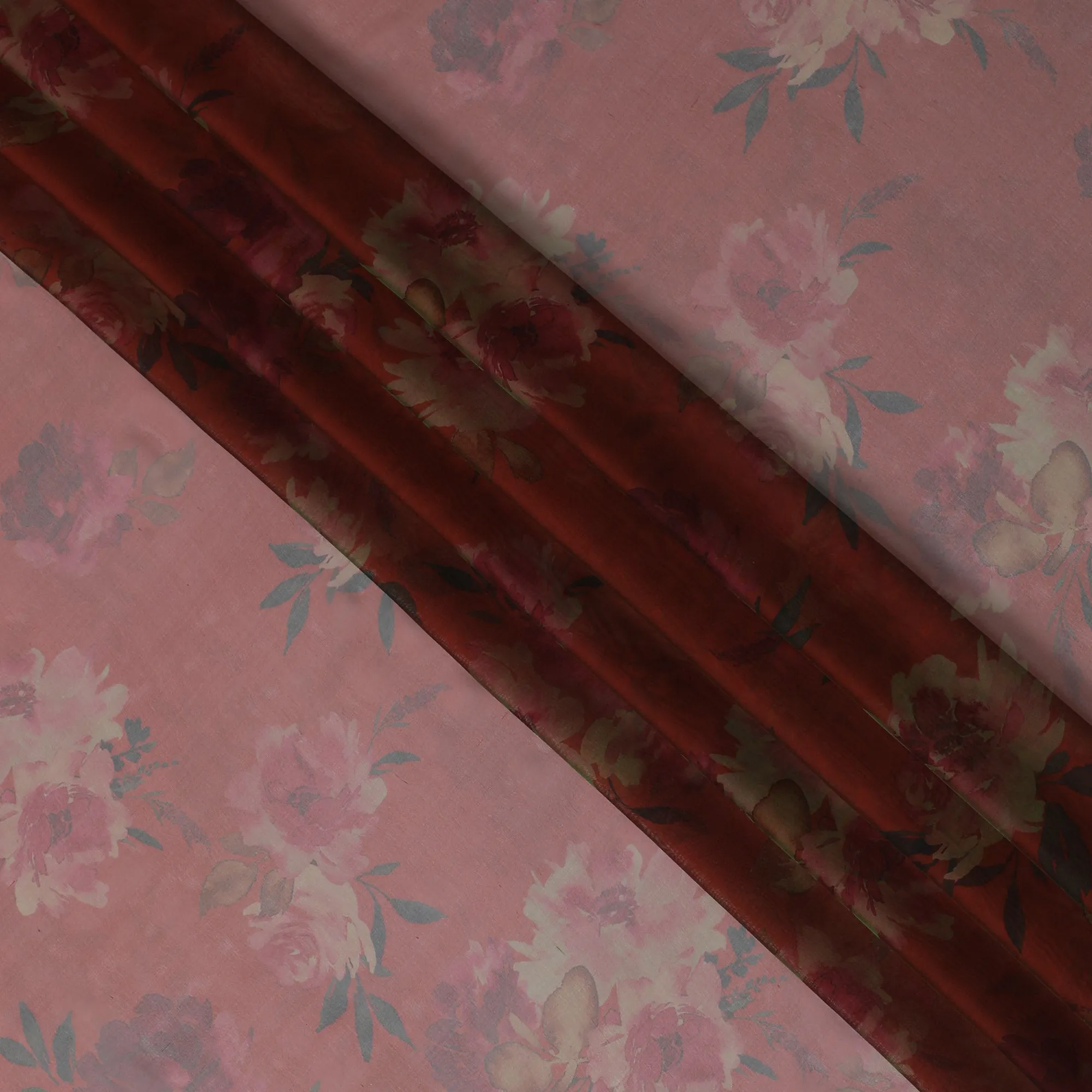 Soft Coral Red Floral Silk Chiffon Fabric, 110cm Width – Ideal for Delicate Spring and Summer Apparel-D20096