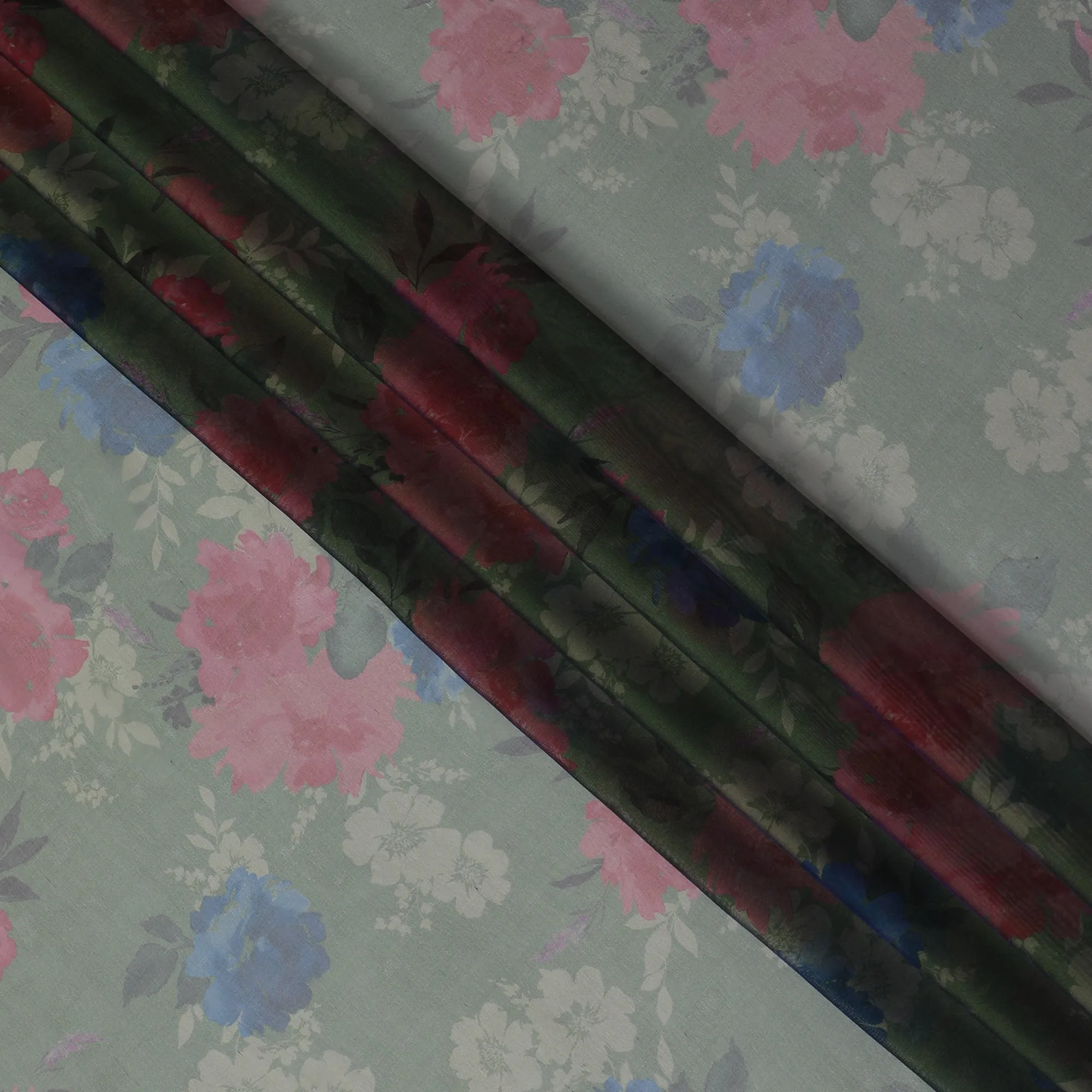 Soft Sage Green Floral Silk Chiffon Fabric, 110cm Width – Perfect for Spring Dresses and Scarves-D20093