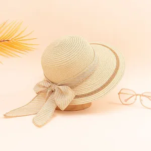 Women Straw Hat Beach Hats Striped Bow Knot Decor Sun Hat